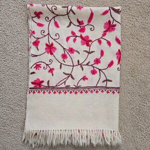 NWOT Woven Wool Scarf with Pink Chain Stitch Embroidered Flowers
